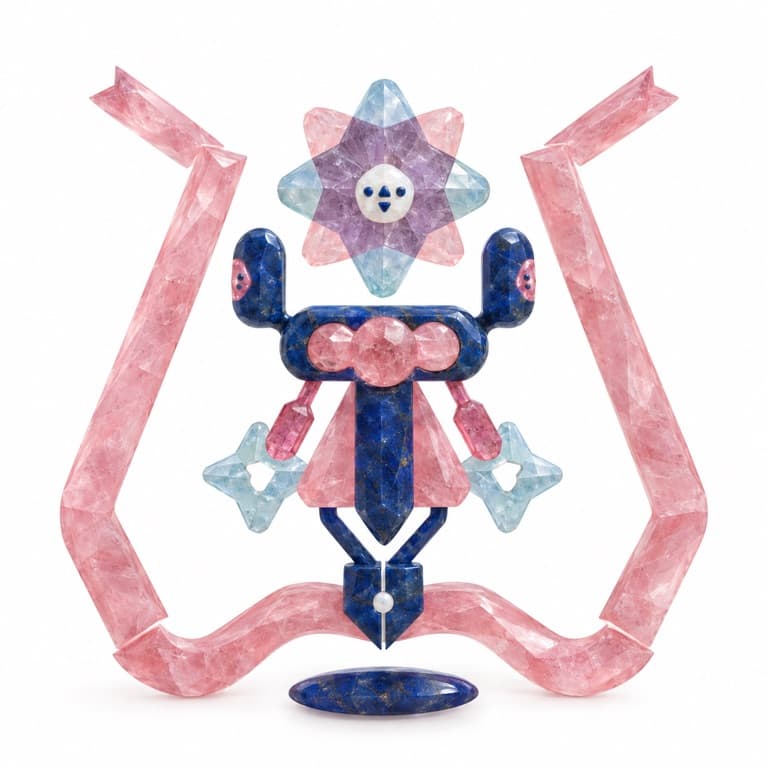 Symmetric assemblage of pink marble ribbons framing a lapis figure crowned by a star rosette, on white