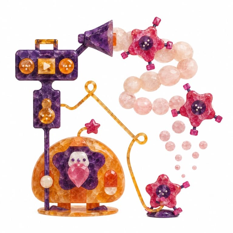 Toy-like piper machine in amber and purple piping a chain of beads that flowers into pink creatures, on white