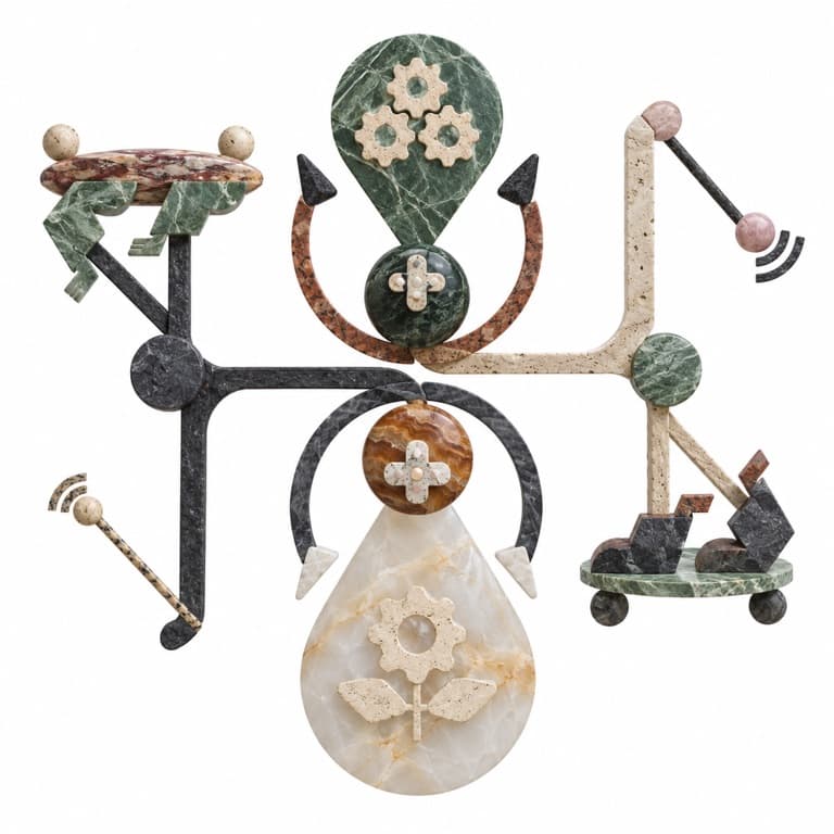 Balance-like assemblage in green, terracotta and cream stone, twin arms holding floral amulets and bells, on white